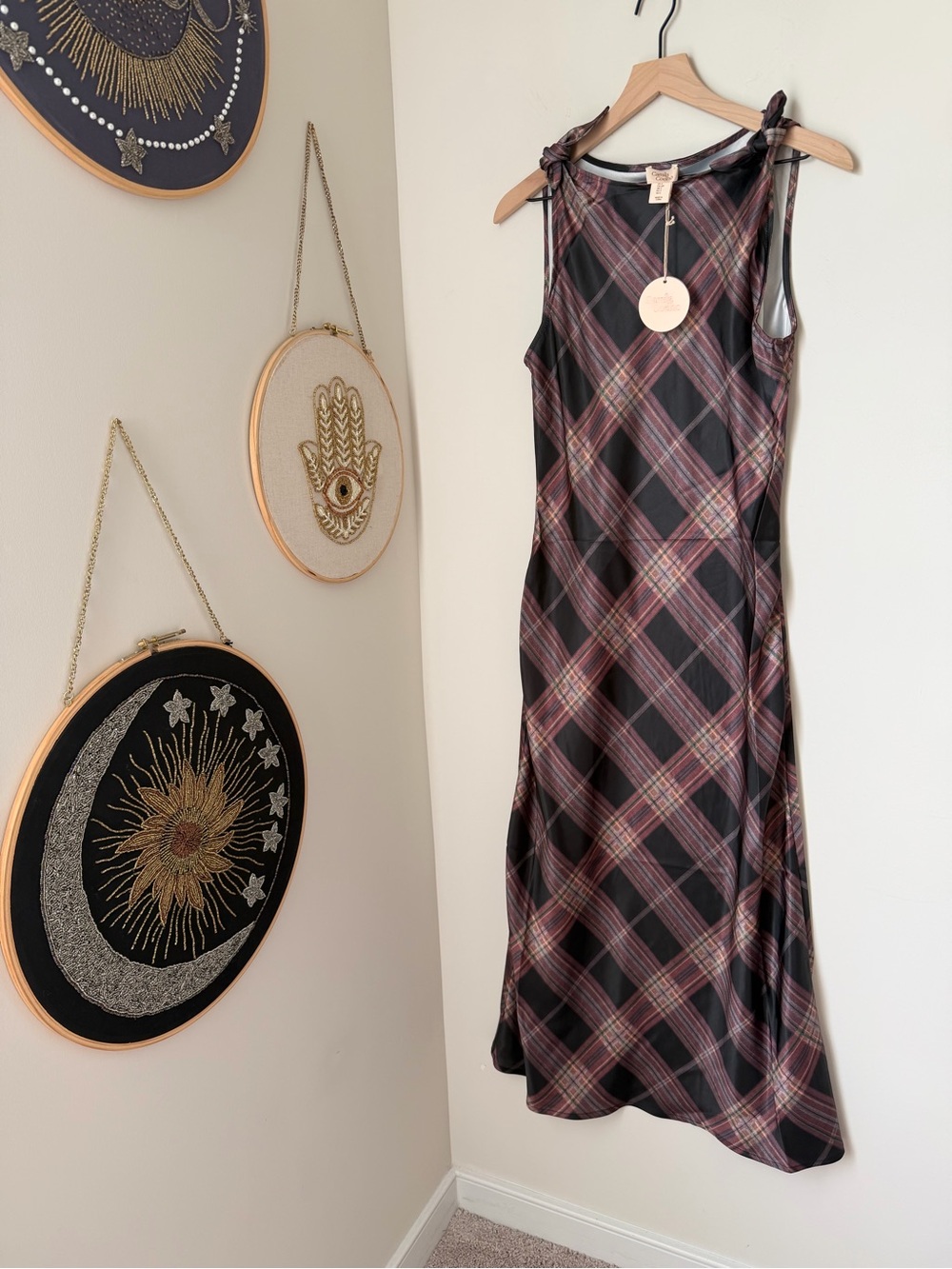 Camila Coelho Burgundy Plaid Tie-Shoulder Maxi Dress